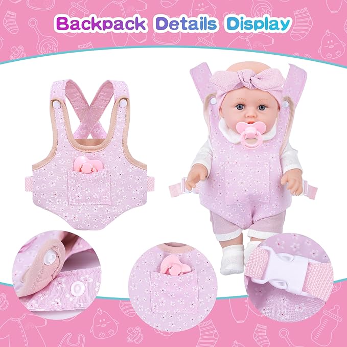 12'' Baby Doll Playset with Clothes and Dolls Carrier Accessories Included Baby Carrier, Bottles, Nipple, Socks, Headbands
