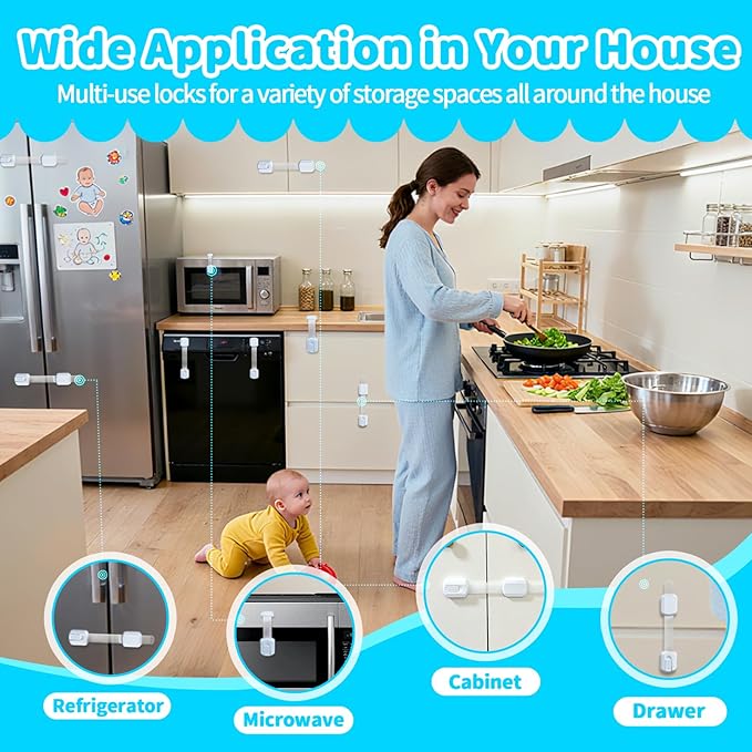 Child Safety Cabinet Locks(10 Pack)-Adjustable Baby Proofing Latches with Strong 3M Adhesive，No Drilling Child Proof Straps Locks for Drawers,Ovens,Doors,Toilet Seats，Fridge,- Easy Installation,