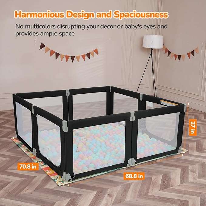 Dripex Foldable Playpen for Babies and Toddlers, 71"×69" Extra Large Baby Playpen, Indoor & Outdoor Safety Gate Collapsible Play Pen, Baby Fence Play Area with Visible Mesh, Black