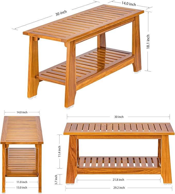 NNN 30" Commercial Teak Shower Bench - 8 Non-Slip Leveling Feet & 350 lbs Capacity | Rock-Solid Stability for Seniors & Spa Safety | Waterproof Design for Saunas/Outdoor Pools (Patented)