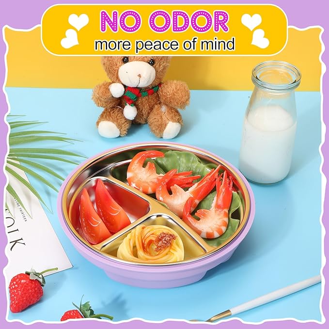 Nuogo 1 Pcs Stainless Steel Baby Suction Plates with Removable Silicone Shell 2-in-1 Metal Toddler Bowl Divided for Picky Eaters Kid Feeding Led Weaning Supply, Dishwasher Safe (Purple)