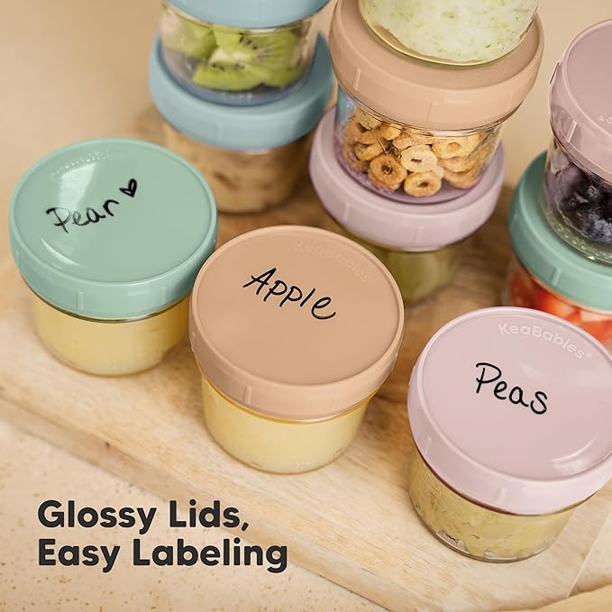 KeaBabies 6pk 4oz Glass Baby Food Containers with Lids - Leak-Proof, Microwavable Small Glass Jars, Baby Purees & Toddler Snack Storage Containers, BPA-Free, Dishwasher & Freezer Safe (Musk Dusk)