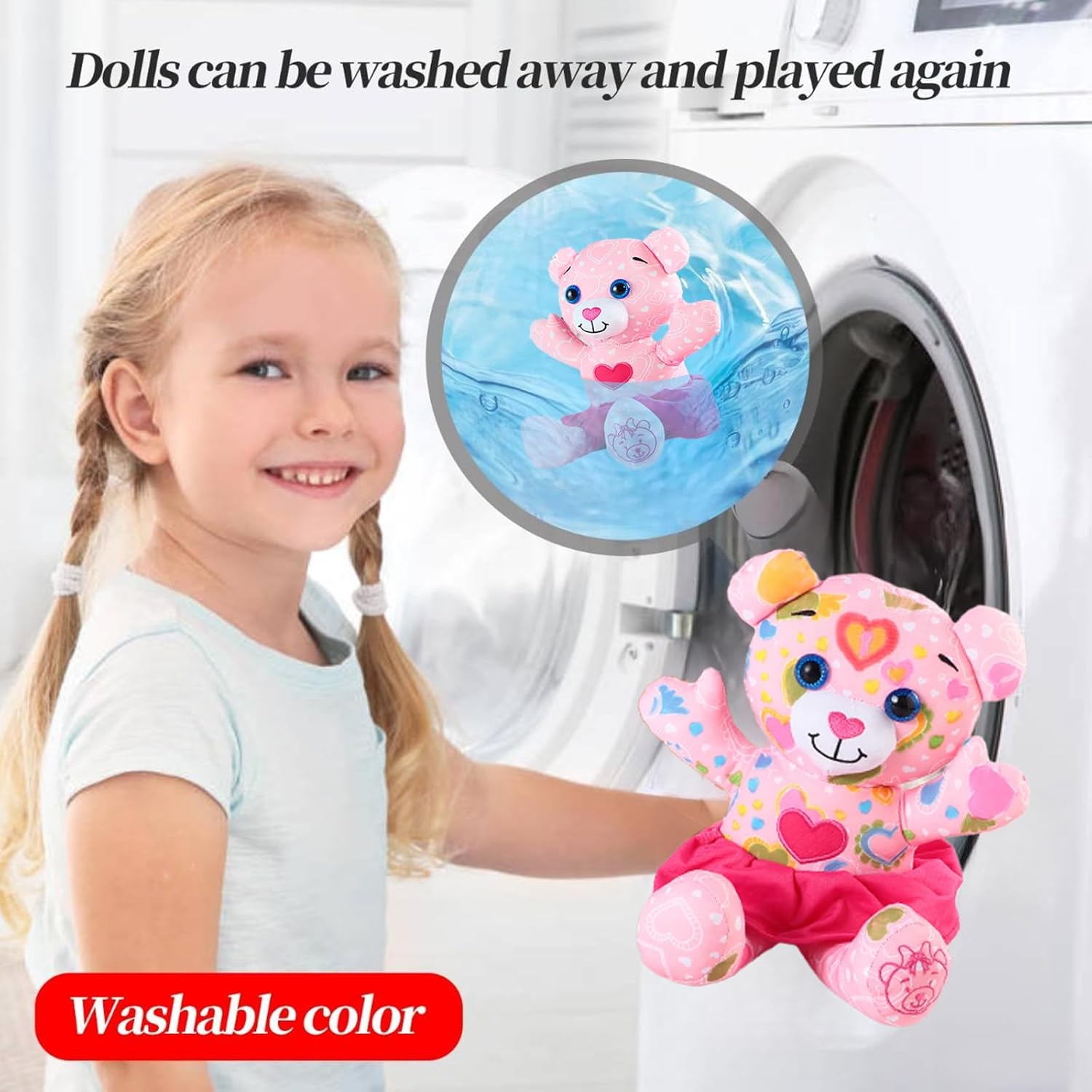 Coloring Plush Toy with 5 Washable Markers for Little Girls Doodle Dolls for Kids Ages 4-6 Birthday (Pink Bear)