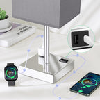 Touch Bedside Table Lamp For Nightstand - 3-Way Dimmable Night Lamp with USB A + Type C Charging Ports and two AC Outlets, Small Desk Light with E26 LED Bulb for Bedroom Living Room, GREY PLUS