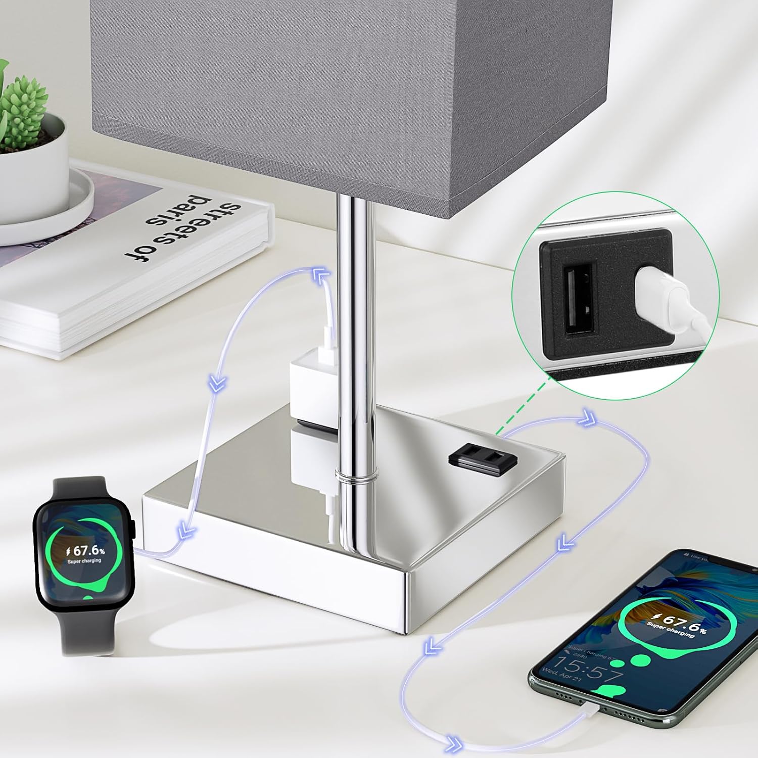 Touch Bedside Table Lamp For Nightstand - 3-Way Dimmable Night Lamp with USB A + Type C Charging Ports and two AC Outlets, Small Desk Light with E26 LED Bulb for Bedroom Living Room, GREY PLUS