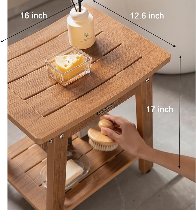 HDPS Shower Bench Seat for Inside, Waterproof Poly Lumber Shower Stool for Shaving Legs, Bathroom Foot Rest with Storage Shelf, Plastic Bath Chair Seat for with Adjustable Feet, No Maintenance, Brown