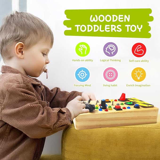 TenFans Montessori Busy Board with 8 LED Light Modes - Sensory Toys for 1-3 Year Olds & Airplane Travel, Wooden Activity Board Develops Fine Motor Skills