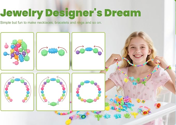 BIRANCO. Deluxe Beading Set with 350+ Pop Beads Include Butterfly, Bee, Dragonfly with Transparent Wings, and Ladybug Jewelry Making Kit for Kids Ages 3-8