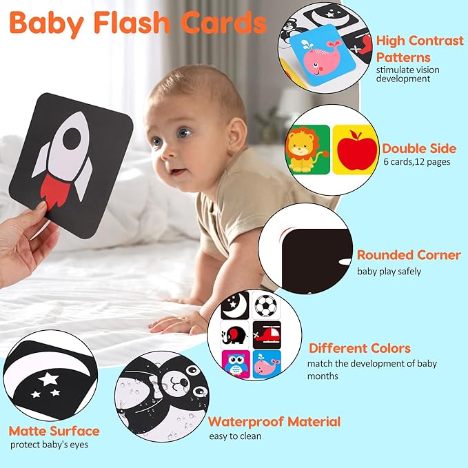 Black and White High Contrast Baby Books Flash Cards Tummy Time Mirror Toys Newborn Toys 0 6 Months Brain Development Infant Stimulating Sensory Toy 0-3 3-6 2 4 5 Months old Baby Boy Girl Shower Gifts