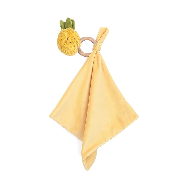 MON AMI Pina Pineapple Wood Teether Security Blanket | 11-Inch Soft Velour Baby Blanket with Wooden Teething Ring | Perfect Newborn Essential for Birthdays & Baby Showers