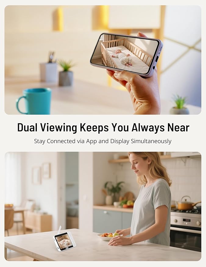 PARIS RHÔNE 2K Split-Screen Baby Monitor, 5” Smart Video Baby Monitor with 2 Cameras, Dual WiFi Cameras with App Control, Night Vision, Motion & Cry Alerts, Auto Tracking, RGB Night Light, Lullabies