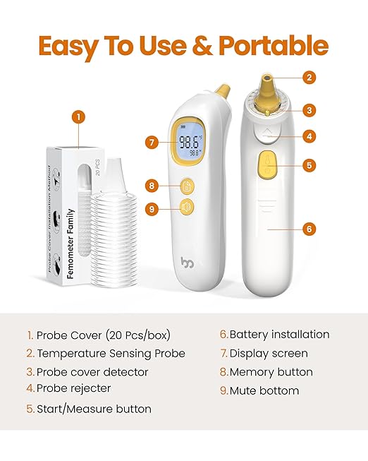 Ear Thermometer, Highly Accurate Thermometer for Kids, Adults and Toddlers, 32 Memory Recall, 1s Fast, 3 Color Fever Alarm with Mute Mode, 21 Disposable Probe Covers