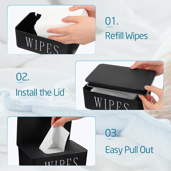4 Pack Baby Wipes Dispenser Refillable Wipe Holder with Lid Toilet Wipes Container for Bathroom Tissue Paper Storage Box for Home Office (Black)