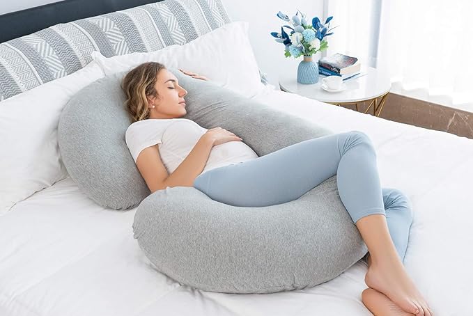 INSEN Pregnancy Pillow for Sleeping, Maternity Pillow with Jersey Cotton Cover,C Shaped Body Pillow for Pregnant Women(Grey Jersey)