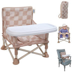 Tiny Marvels Portable 3-in-1 Baby Booster Seat, Cozy Floor Seat, Feeding Seat with Tray, Compact Foldable Toddler Booster with Child Safety Belt Carry Bag, Perfect for Travel (Sand Checker)