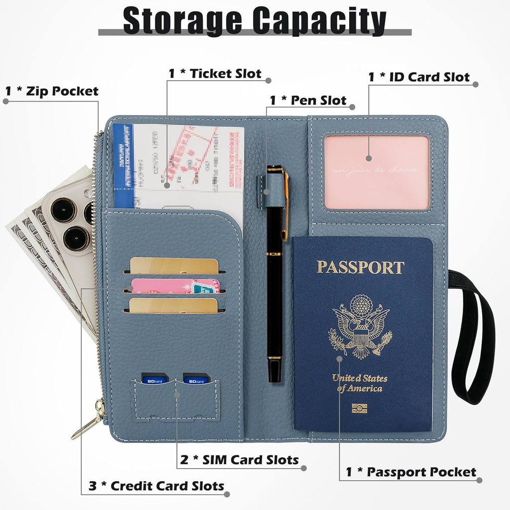 Travel Passport Wallet, RFID Blocking Passport Holder with Zipper, Passport Cover for Women Men, PU Leather Travel Document Organizer with Card Slots, Gift for Family Friends, Blue