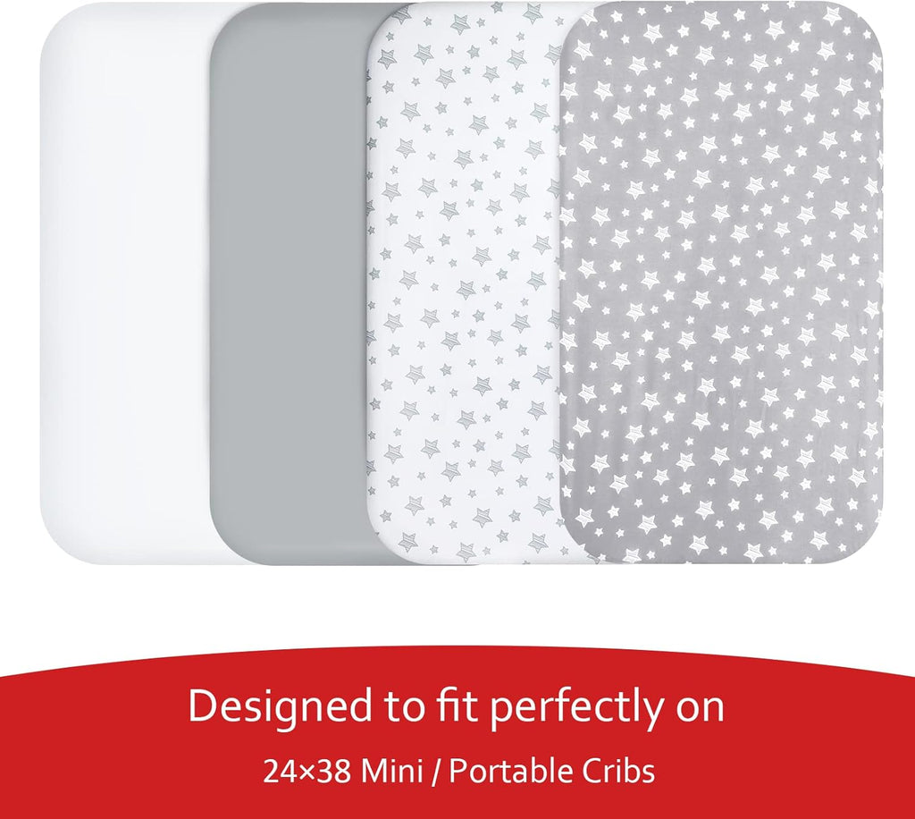 Mini Portable Crib Sheets 4 Pack for Boys or Girls (38" X 24"), Compatible with Dream on Me, Delta Porta Crib and Arms Reach Ideal Cosleeper, Grey