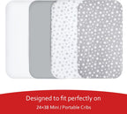 Mini Portable Crib Sheets 4 Pack for Boys or Girls (38" X 24"), Compatible with Dream on Me, Delta Porta Crib and Arms Reach Ideal Cosleeper, Grey