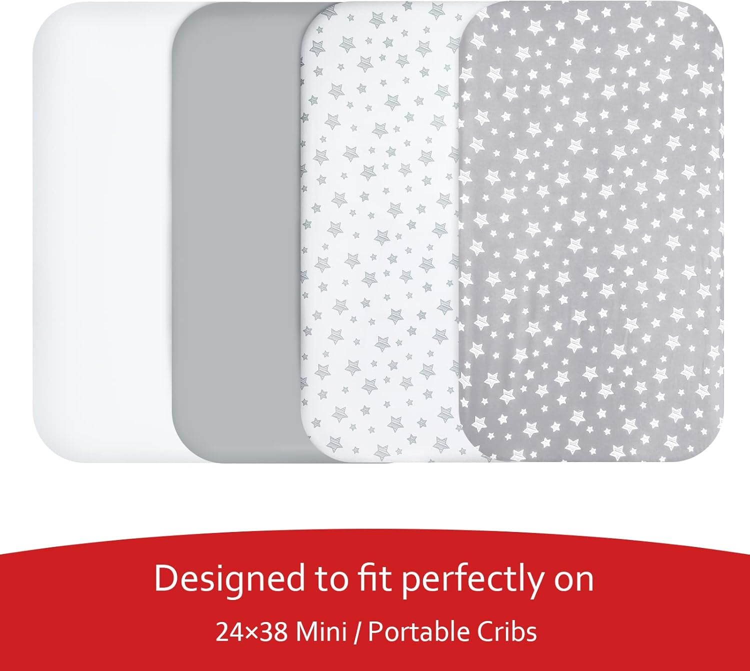 Mini Portable Crib Sheets 4 Pack for Boys or Girls (38" X 24"), Compatible with Dream on Me, Delta Porta Crib and Arms Reach Ideal Cosleeper, Grey