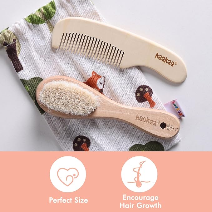 haakaa Baby Hair Brush and Comb Set for Newborns & Toddlers - Natural Soft Wool Bristles and Wooden Handle, Gently Grooms Baby's Hair, Ideal for Cradle Cap, Perfect Baby Gift, 2pk