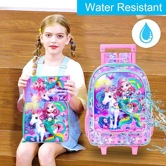 Girls Rolling Backpack, Cute Mermaid Roller Wheels Kids Bookbag - Wheeled Elementary School Bag - 3PCS Mermaid