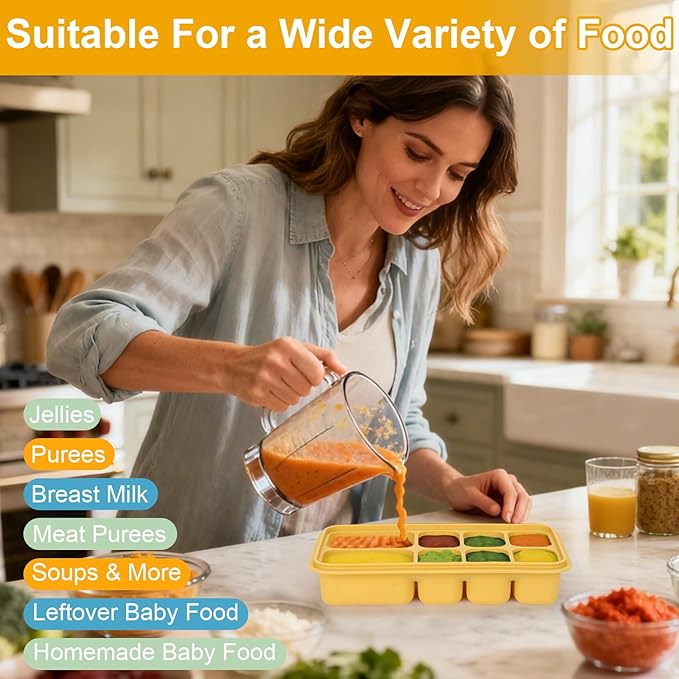 Palksky Silicone Freezer Tray with Lid, Silicone Freezer molds Dual-Size (30/40ml & 70/90ml) Leakproof Individual Seal Rings for Puree, Breast Milk & Homemade Meals (Blue Green Yellow)