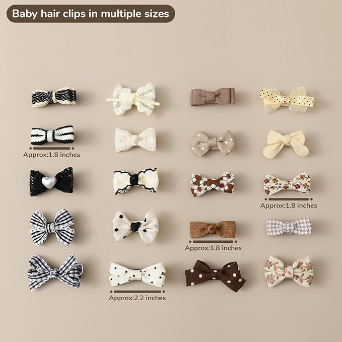 20 PCS Baby Hair Clips Set 2'' Toddler Girl Hair Bows Fully Covered Barrettes Infant Tiny Hair Accessories for Babies Kids Fine Hair