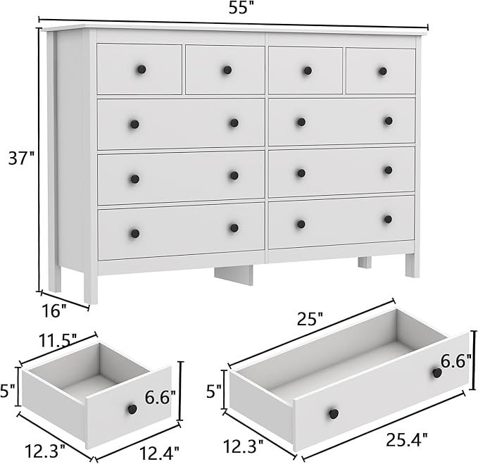 10 Drawer Dresser, 55" Modern White Dressers and Chests of Drawers, 10 Drawer Wide Dressers for Bedroom