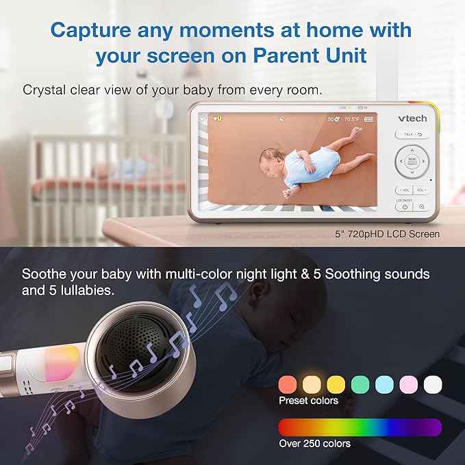 VTech V-Care VC2105 1080p FHD Over-The Crib Mount Smart Baby Monitor 5” 720p LCD Screen,Table Stand,Remote Access,Versatile Placement,Intelligence Detection, Sleep Analysis,18hrs Recording,with WiFi
