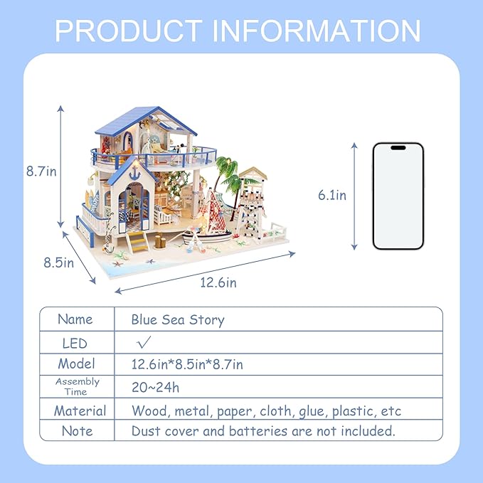 DIY Miniature Dollhouse Kit, Mini House Building Kit for Adults, Tiny House Making Kits with LED Light, Hobby Craft Christmas Decorations Birthday Gifts for Adults (Blue Sea Story)