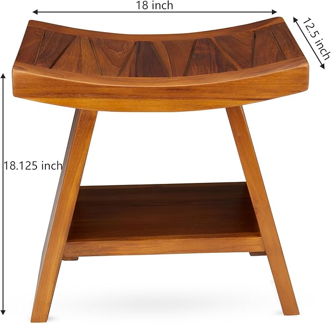 TeakCraft Teak Shower Stool with Shelf – Water Resistant, Non-Slip Premium Indonesian Teak Wood Bath Seat Bench for Shower – Fully Assembled Wood Spa Bath Organizer Seat with Leveling Feet, The Randi