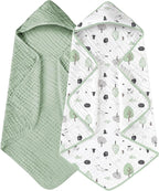 Yoofoss Hooded Baby Towels for Newborn 2 Pack 100% Muslin Organic Cotton Baby Bath Towel with Hood for Babies, Infant, Toddler and Kids, 32x32Inch, Soft and Absorbent Newborn Essential,Forest