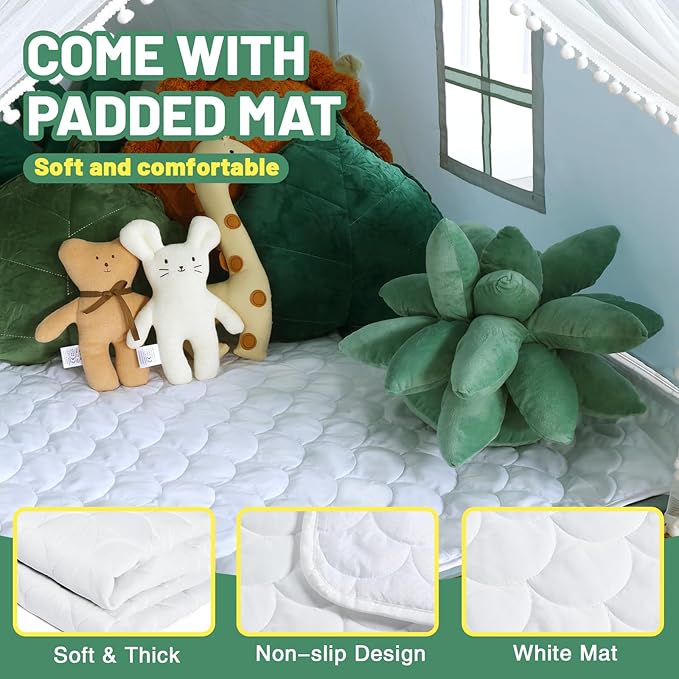 Wilwolfer Kid Tent with Mat, Star Lights - Kids Play Tents for Toddlers Kids Tents Indoor Playhouse - Princess Tent for Girls Toy House Gift (Green with Mesh)