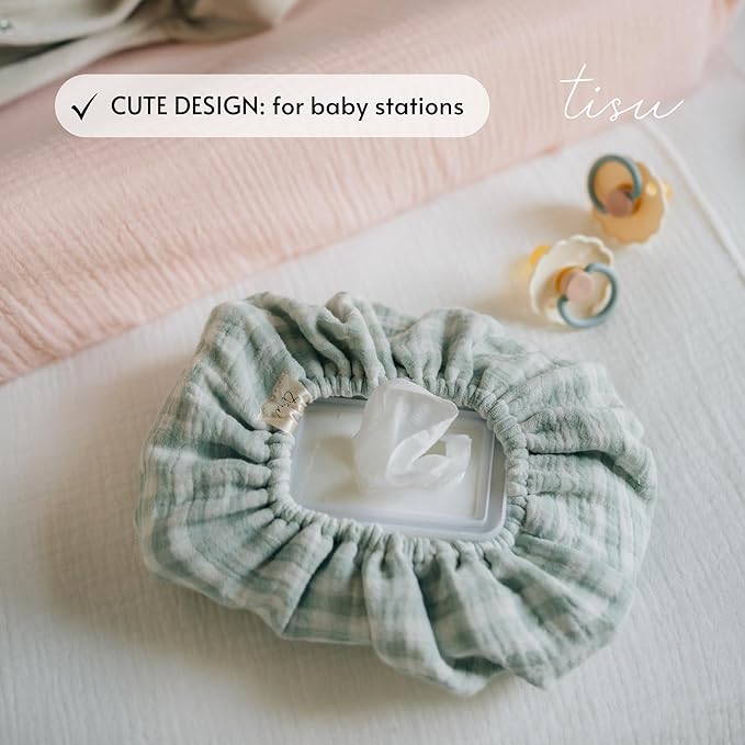 Baby Wipes Cover – Universal Size, One Size Fits All Wipes Packages | Muslin Cotton Tissue Cover for Nursery, Diaper Bag & Changing Table, Station | Gingham & Neutral Patterns (Light Mint Gingham)