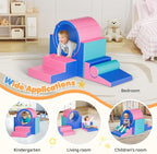 Lischwert Foam Climbing Blocks for Toddlers 1-3, 5pcs Soft Play Set with Tunnel Crawling Exploration Toys, Indoor Infant Safe Blocks for Baby Gym & Toddler Playground - Blue Pink