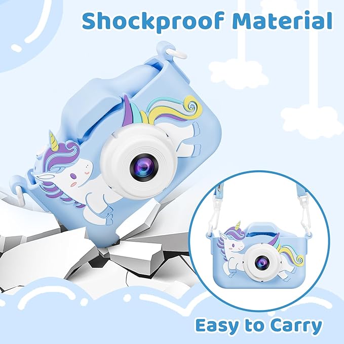 Kids Camera, Toys for Toddlers Age 3-8 Year Old Girl Christmas Birthday Gifts, Children Digital Camera with Cartoon Soft Silicone Cover and 32GB Card (Azure)