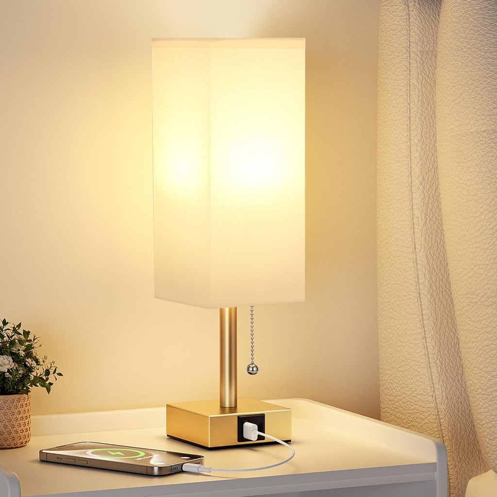 aooshine White Small Table Lamp for Bedroom - 3 Color Temperature 3000K 5000K 4000K Bedside Lamp, Pull Chain Control, USB A and C Ports, Pure Gold Color Base, Bulb Included