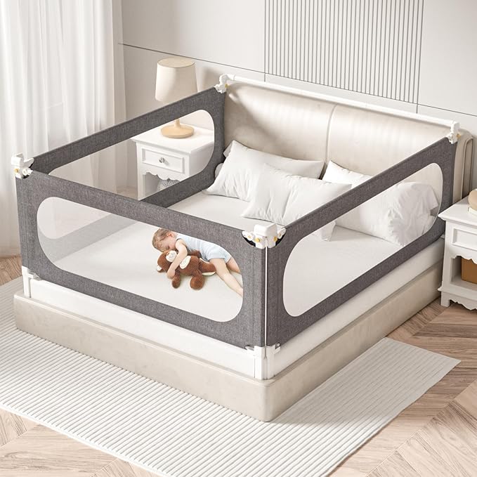 3-Piece Full Size Bed Rails for Toddlers, with Headboard Rod -Height Adjustable Baby' Safety Bed Rails Guard for Full Size Bed(3Pack 74.8"x74.8"x54"-Gray)