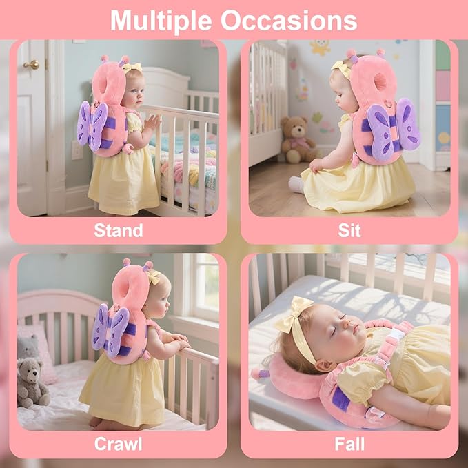 Baby Head Protection Backpack with Leash, Anti Lost Toddler Protector Padded Pillow Carrier for Crawling Walking, Cute Butterfly Kid Harness Strap Infant Cushion Pad for 6-18 Months Boys Girls (Pink)