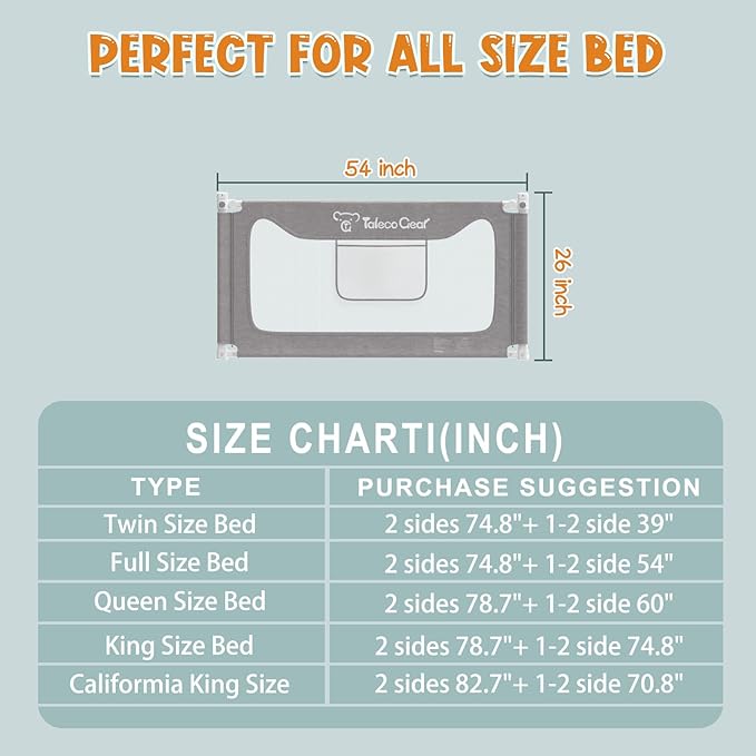 G TALECO GEAR Bed Rail for Toddlers, Stable Protective Bed Side Rails, Baby Bedrail Guard for Twin Full Queen & King Size Bed (54 Inch, 1 Piece)