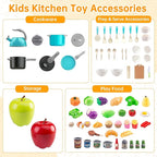100Pcs Kitchen Playset, Kids Pretend Cooking Play Pots, Pans, Utensils, Cookware, Toy Food Fruits Veggies, with 2 Large Apple - Shaped Storage, Toddler Cooking Learning Gift (Turquoise)
