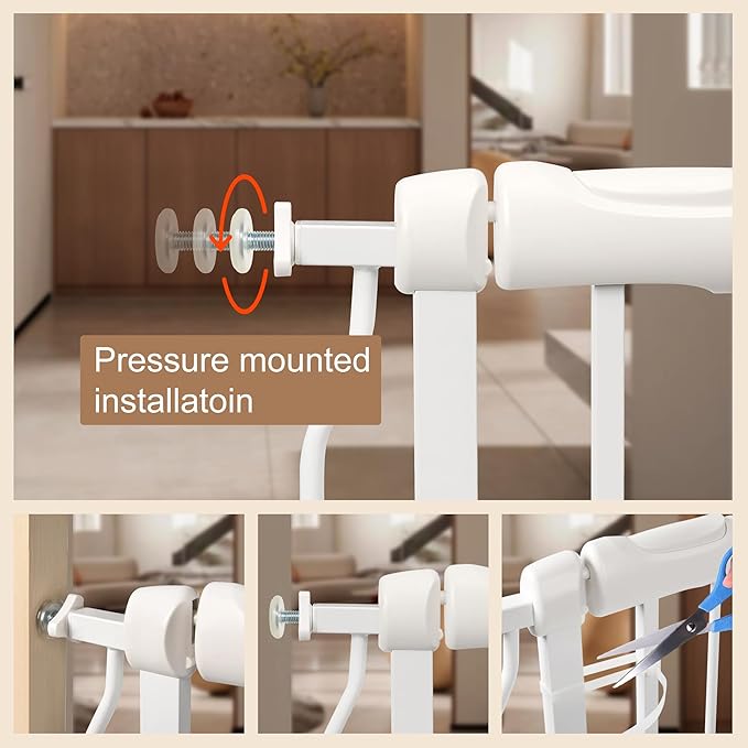 Narrow Baby Gate or Doorways No Drill 29.13-33.86 Inch,Pressure Mounted Metal Child Gates for Wide Openings,Walk Through Pet Gate Indoor Auto Close,White