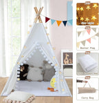 Teepee Tent for Kids with Padded Mat Cotton Canvas Kids Teepee with Pompom for Toddlers Indoor Play Tent for Girls Boys with Stars Lights, Carry Bag, Banner Flag (Snowman)