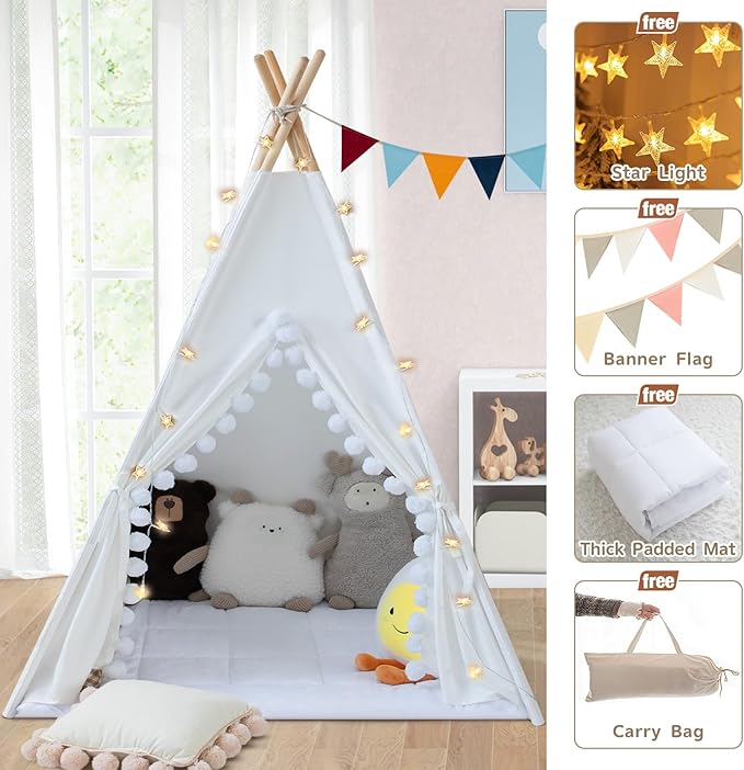 Teepee Tent for Kids with Padded Mat Cotton Canvas Kids Teepee with Pompom for Toddlers Indoor Play Tent for Girls Boys with Stars Lights, Carry Bag, Banner Flag (Snowman)