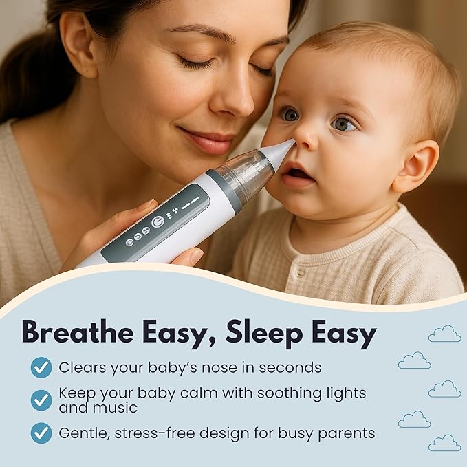 Electric Nasal Aspirator for Babies – Gentle Electric Nose Suction for Baby - Adjustable Suction, Calming Music & Light – Soft Silicone Tips for Newborn and Infant Congestion Relief – USB Rechargeable