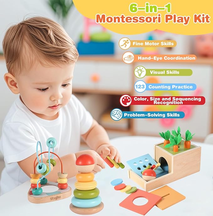 Wooden Montessori Learning Toys Kit,Babies Toys Set for 1 Year Old, Sensory and Thinking Play kit for Toddlers (Boys and Girls). 4 in 1 Drop Box; Rocking Stacker; Bead Maze.