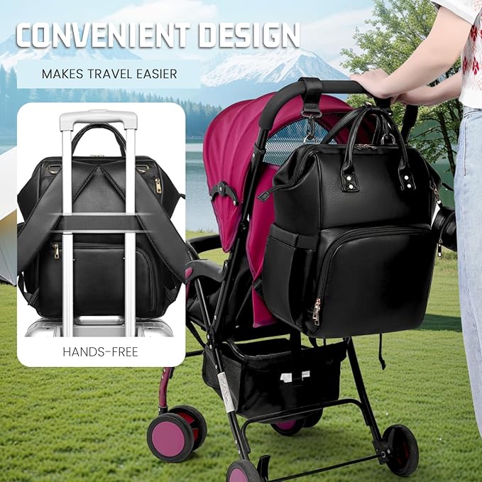 Premium Vegan Leather Diaper Bag Backpack with Waterproof Changing Pad – Reinforced Stitching & Zippers, Baby Bag for Boy Girl, Stroller Straps, Ergonomic Design for Traveling Moms, Black