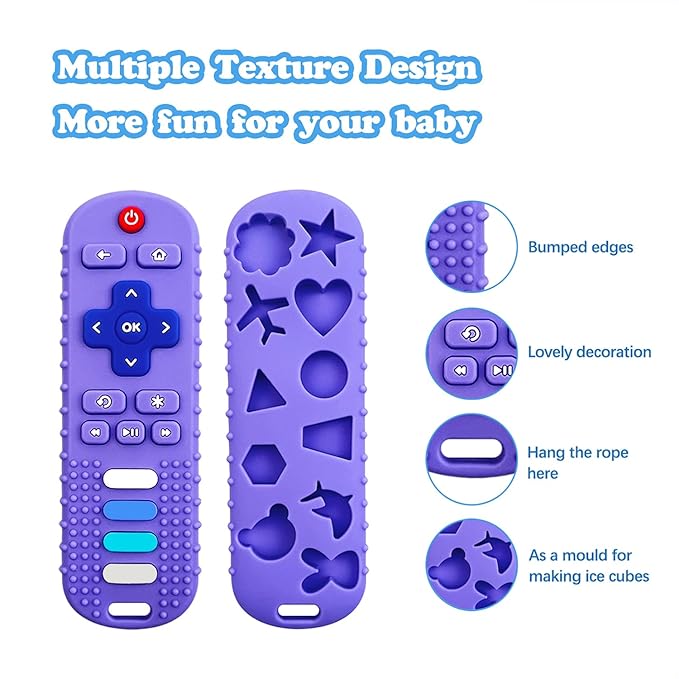 Baby Teething Toys, Food Grade Silicone Teether for Babies 3 6 12 18 Months, TV Remote Shape Toddlers Chew Toys, Freezer BPA Free (Purple+Khaki)