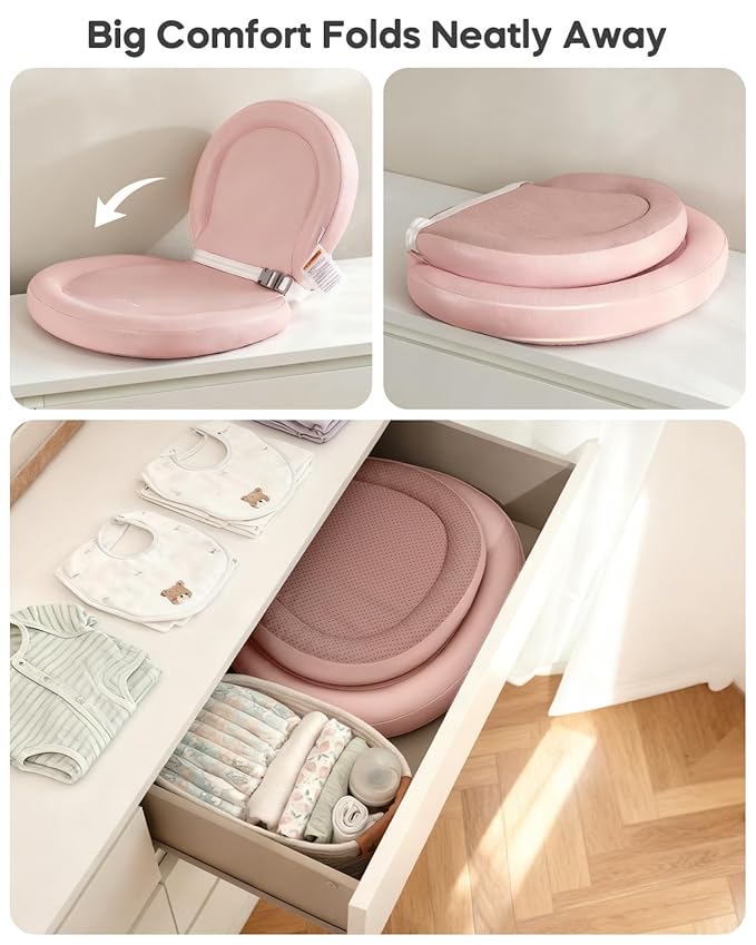 Baby Changing Pad with Waterproof & Wipe-Clean, Non-Slip Foldable PU Diaper Changing Pad, Adjustable Safety Belt, Changing Pad for Dresser, Changing Table,30"X19",Pink