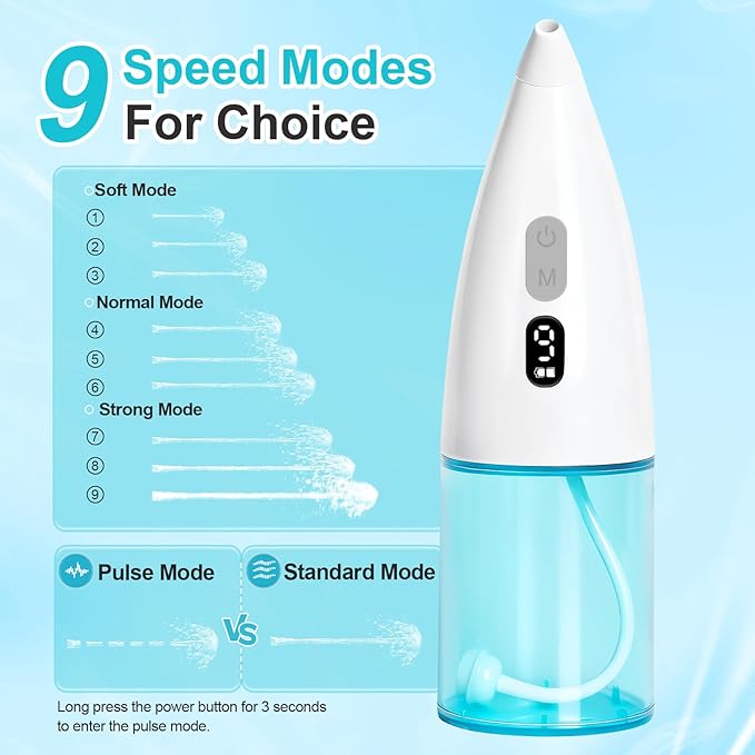 Nasal Irrigation System Cordless Pulsating Nasal Irrigator (9 Speed) ，Electric Neti Pot Nose Wash Bottle with 2 Tips for Nasal Care Sinus Rinse Machine for Adults & Kids